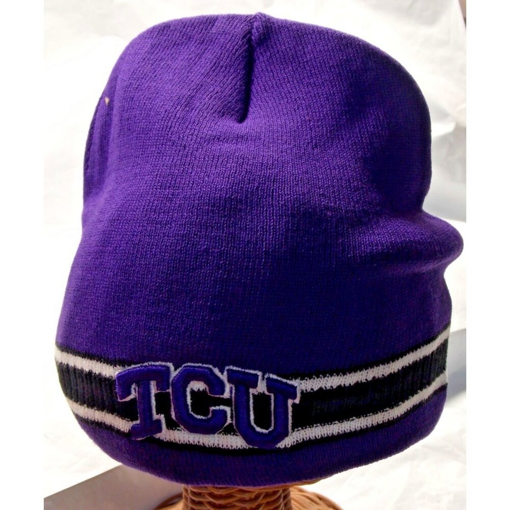 NCAA TCU Embroidered Logo on Purple Knit Beanie Hat by Collegiate Headwear